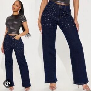 Fashion Nova Sparkle & Shine Straight Leg Embellished Blue Jeans Stretch 3